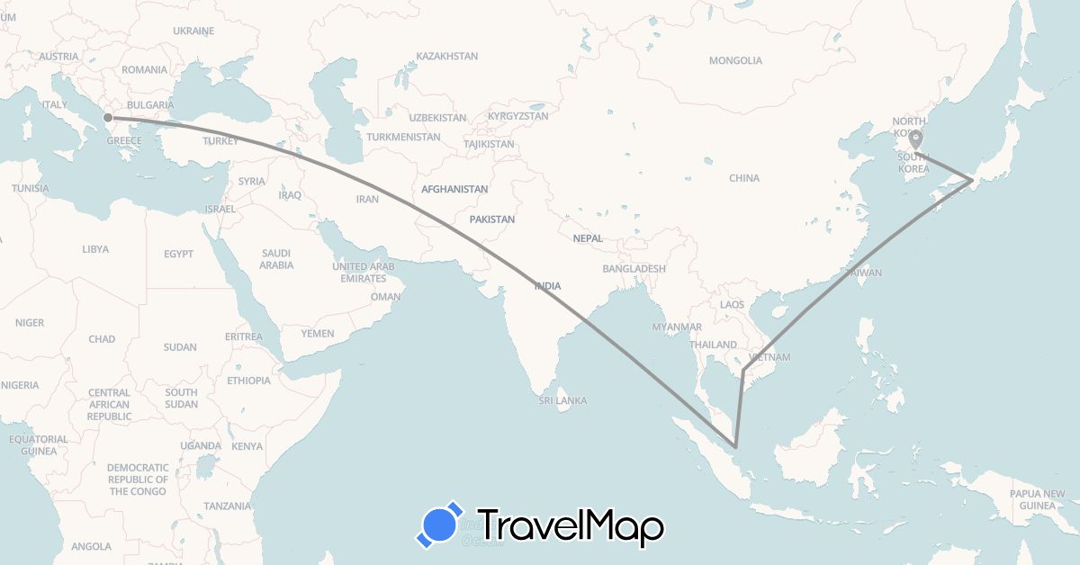 TravelMap itinerary: plane in Albania, Japan, Cambodia, South Korea, Singapore (Asia, Europe)